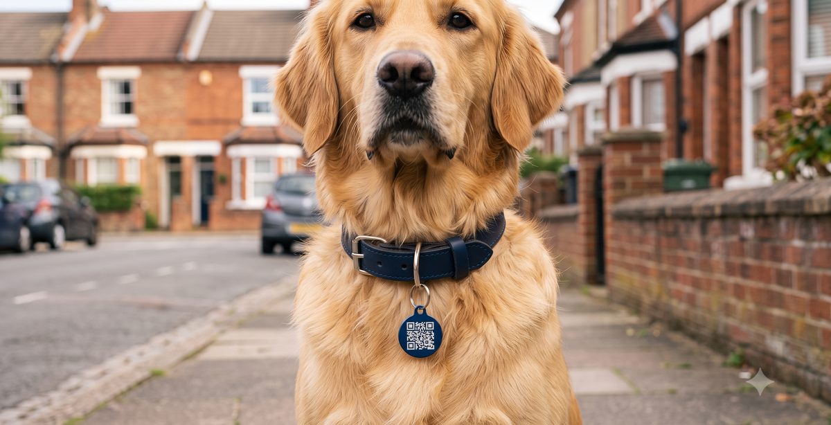 Dog with TapReach QR tag on collar