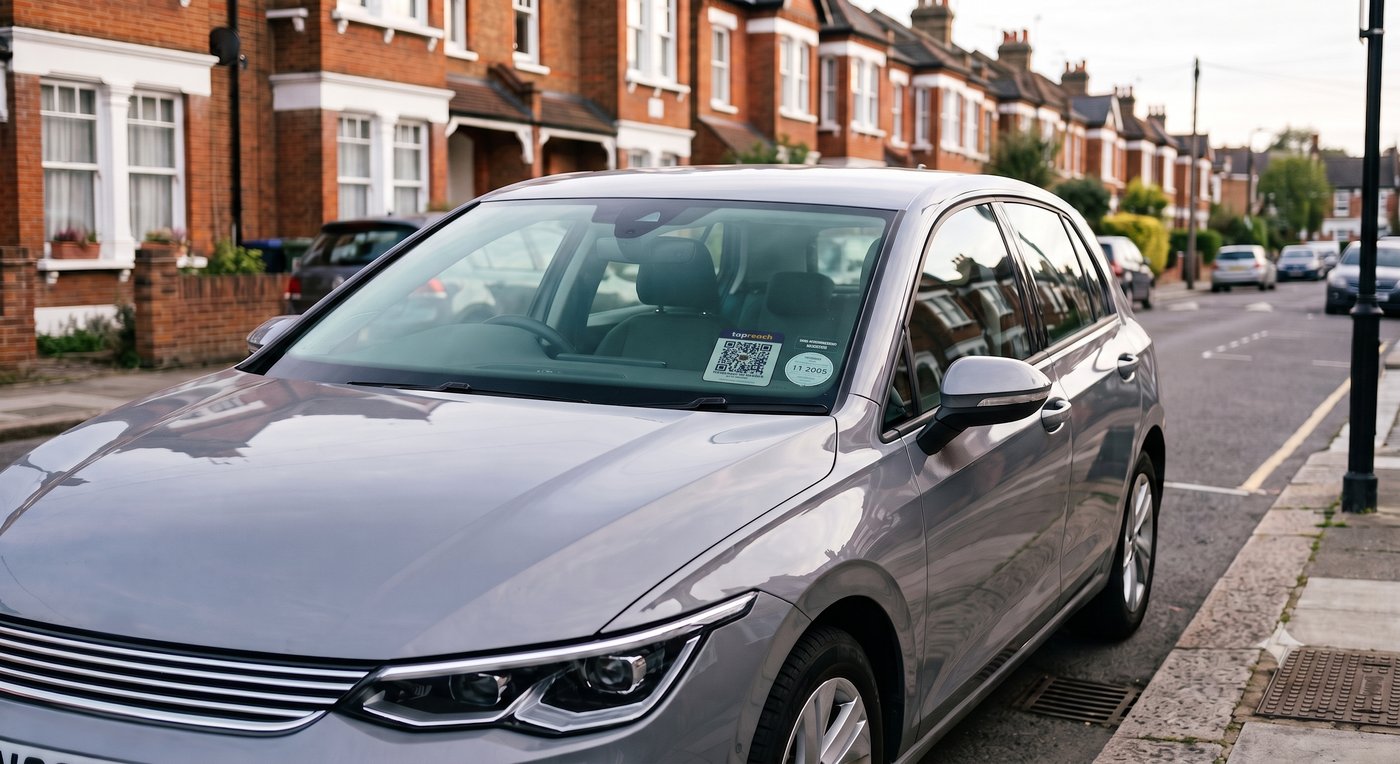 Silver car with TapReach QR sticker on passenger windscreen